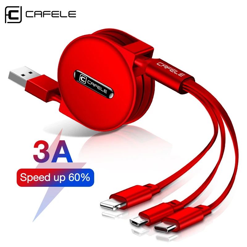 Выдвижной Usb кабель Cafele 3 в 1 для iPhone Micro USB Type C быстрая зарядка портативный с