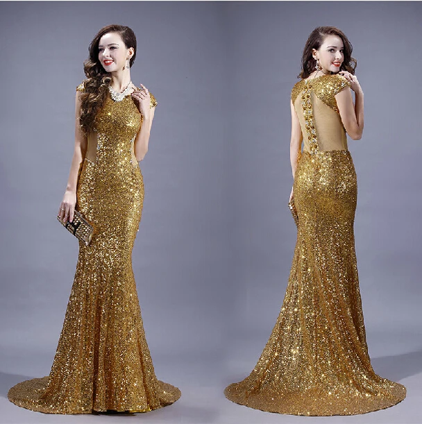 Vestido de festa, золотое, с блестками, сексуальное, с открытой спиной, Русалка, вечернее платье,, с рукавом-крылышком, для выпускного вечера, Кристальные платья для матери невесты - Цвет: same as picture