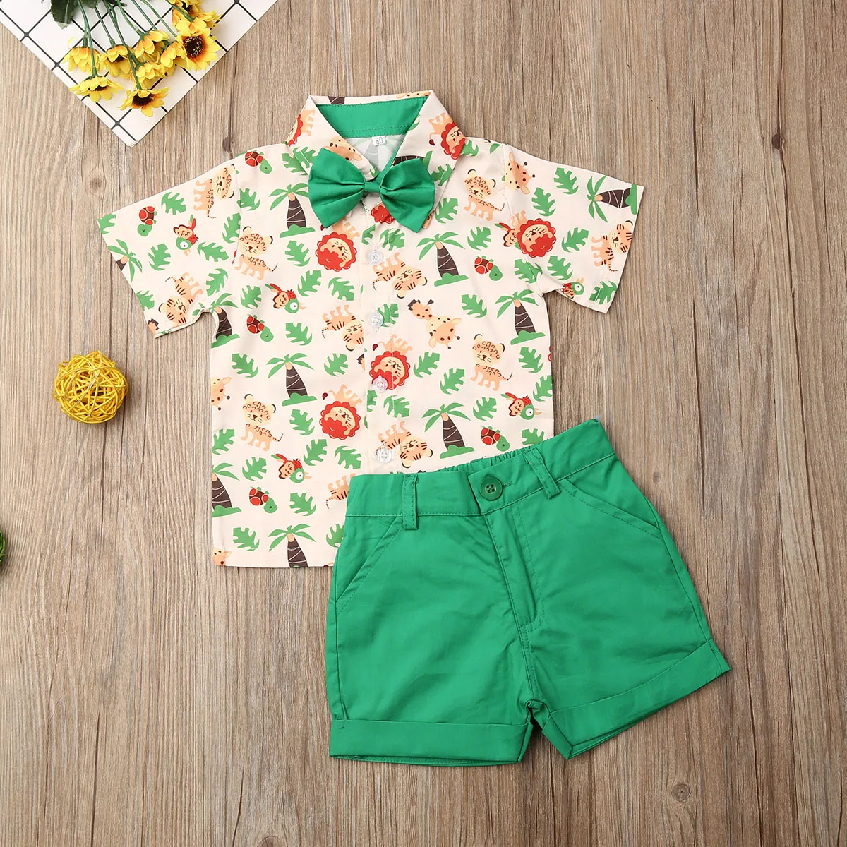 

Pudcoco Summer Toddler Baby Boy Clothes Cartoon Animals Print Short Sleeve Shirt Tops Bowknot Tie Short Pants 2Pcs Outfits Set