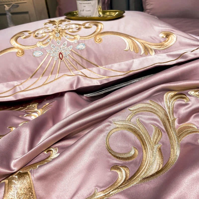 Luxury Gold Royal Embroidery Satin Silk Cotton Bedding Set Smooth Silky Double Duvet Cover Set Comforter Cover And Pillowcases