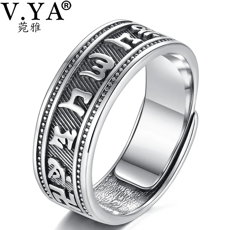 

V.YA 990 silver sterling buddhist ring man women open ring anchor om main padme hun man ring silver jewelry adjustable