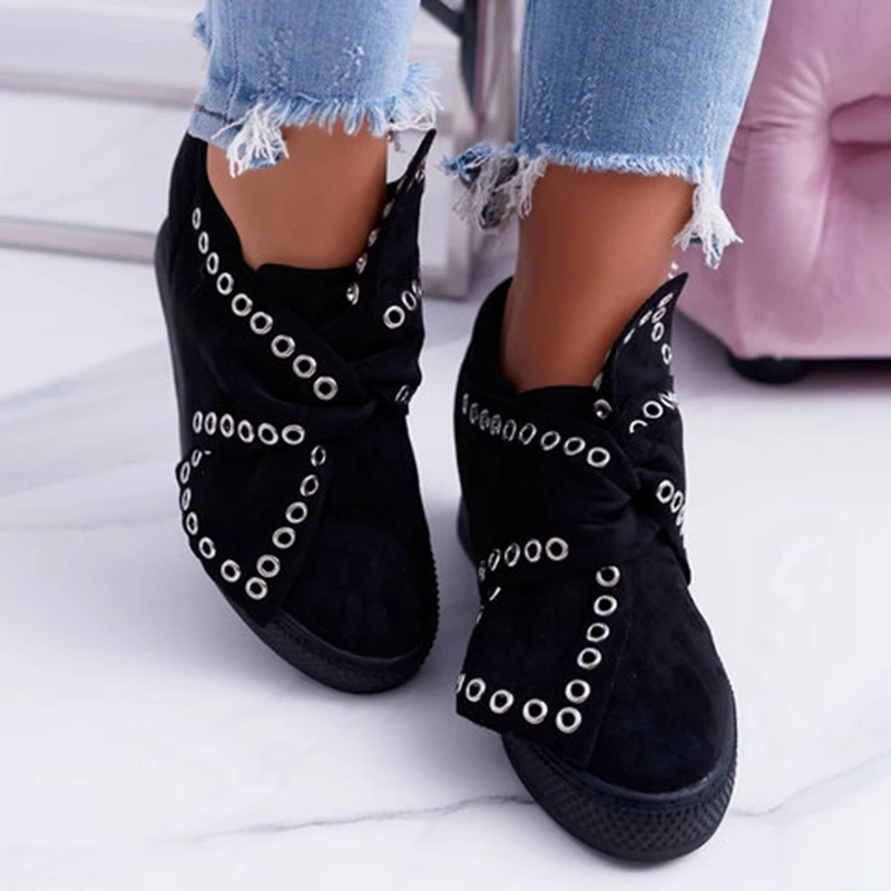 Casual Flat Plus Size Women Sneakers Ladies Suede Bow Tie Slip On Vulcanized Shoes Female Increase in Flats Footwear