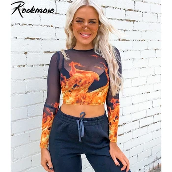 

Rockmore Fire Flame Print T-Shirt Women See Through Crop Top Short Sleeve Skinny Mesh Tshirt Basic Tops Shirts Ladies Streetwear