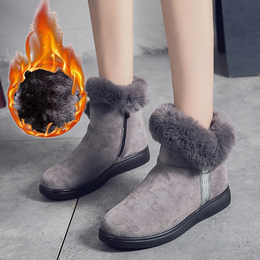 Зимняя Теплая обувь на плоской подошве с мехом; зимние женские ботильоны из флока; женские зимние короткие ботинки; теплая обувь