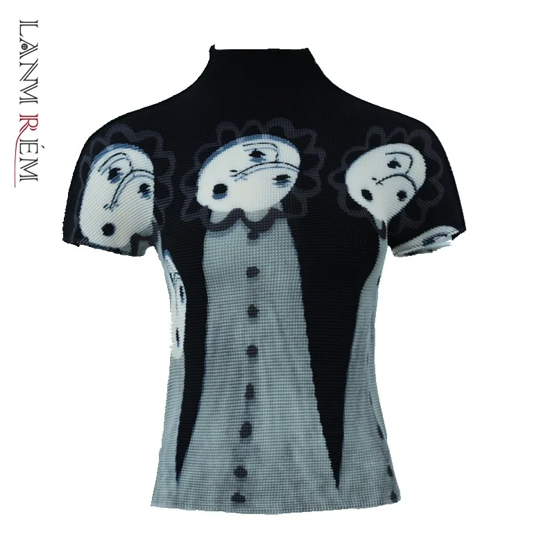 LANMREM нишевый принт короткий рукав плиссированная футболка для женщин 2021 лето