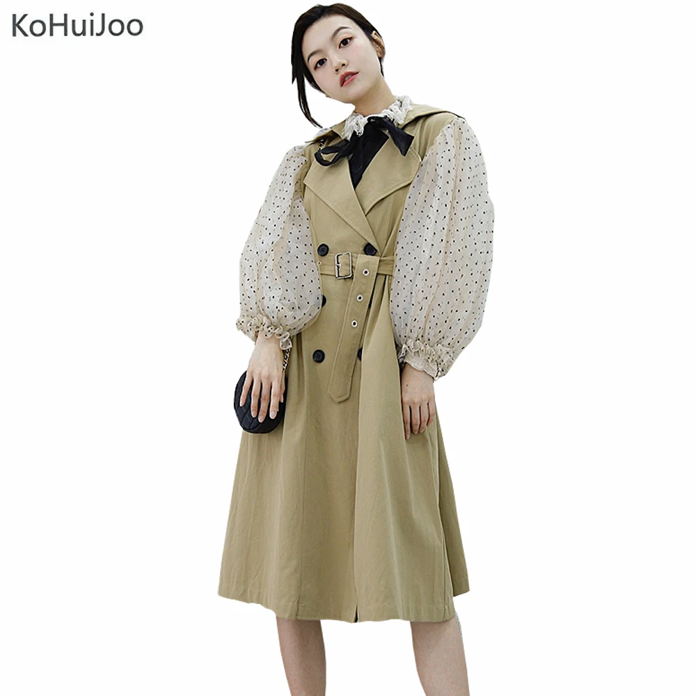 

KoHuiJoo Fashion Trench Coat for Women Transparent Sleeve Patchwork Loose Plus Size X-Long Trench Ladies High Street Windbreaker