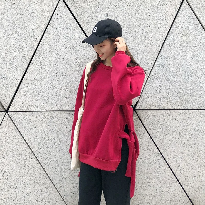 

Autumn And Winter WOMEN'S Dress Korean-style Mid-length Skirt Loose-Fit Lace-up Bow Slit Thick Pullover Long-sleeved Sweater Ski