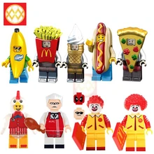 Один фаст-фуд банан картофель фри пицца мороженое колбаса хот-дог курица пряник человек подарки на день рождения строительные блоки игрушки