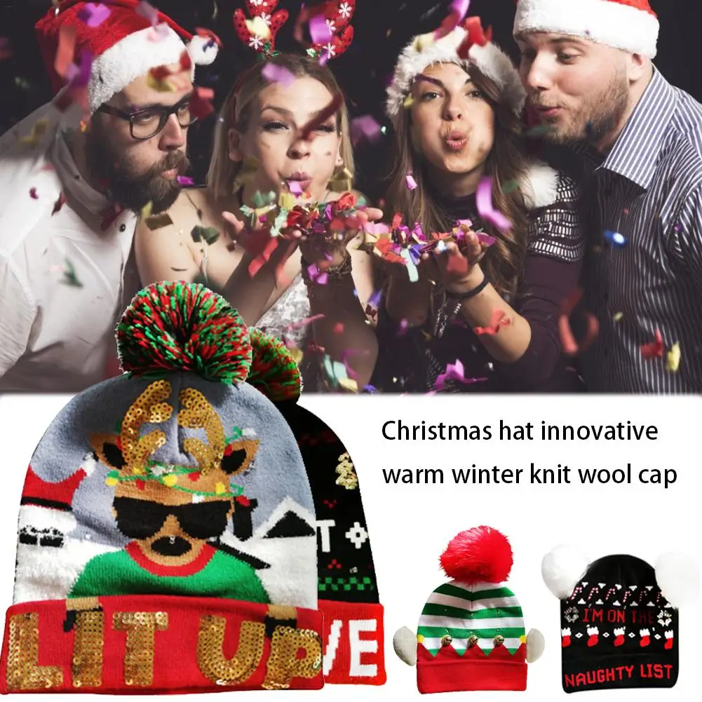 Merry Christmas женские мужские шапки для взрослых 6 цветов светодиодный светящийся головной убор вязаный некрасивый свитер Праздничная Рождественская шапка