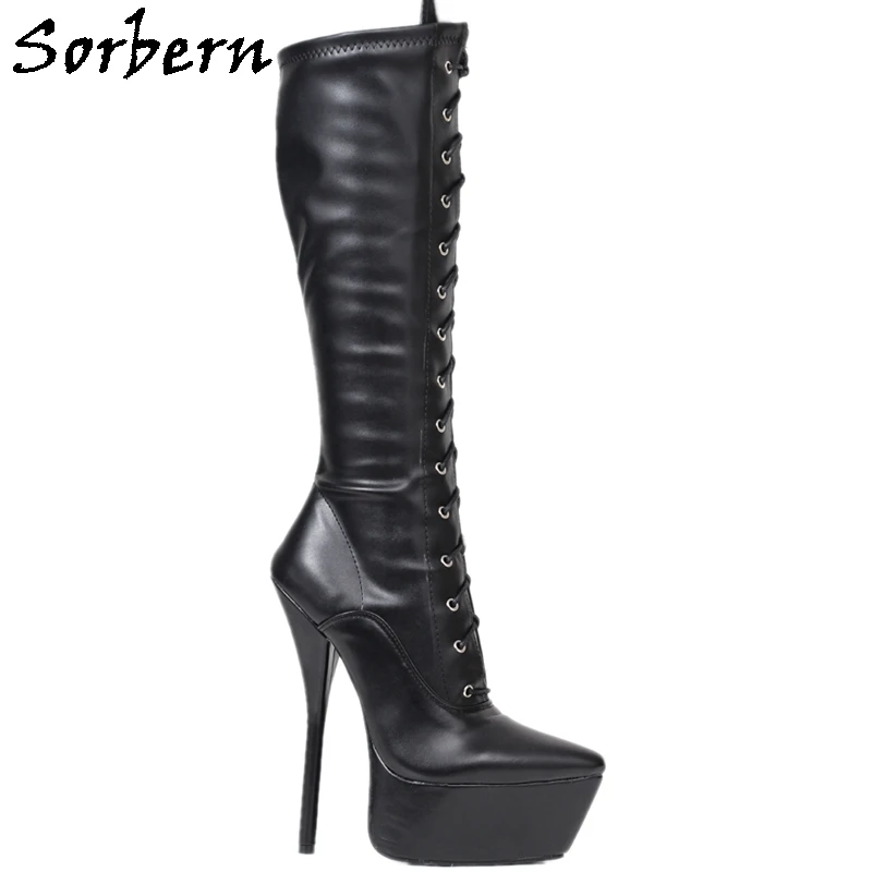

Sorbern Matt Black Lace Up Boots Knee High Platform 7 Inch High Heels Flexiable Lace Up Fetish Boot Custom Wide Fit Pointy Toes