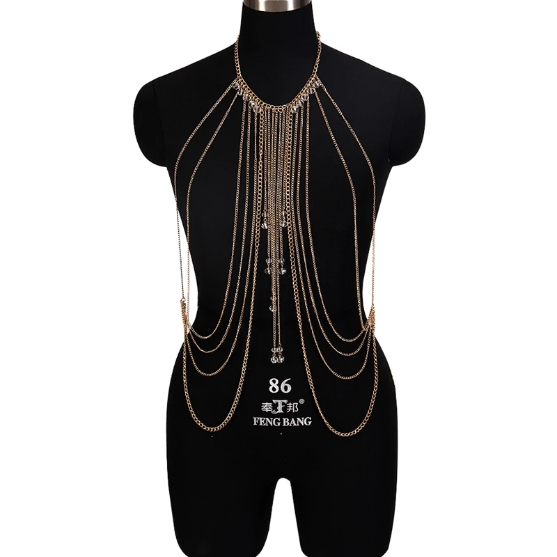 

Sexy Body Harness Necklace Lingerie Women Goth Luxury Rhinestone Metal Chain Tassel Bikini jewelry Bondage Vacation Party Rave