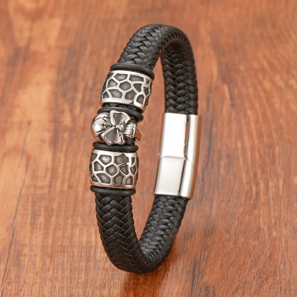 New Retro Style Skull Woven Leather Bracelet for Men Stainless Steel Magnetic Clasp Fashion Jewelry Bangles Gift - Image 5