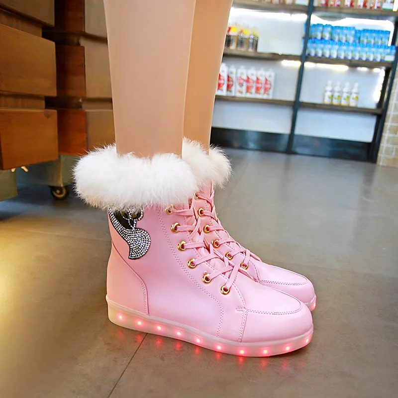 Fashion Women Boots Luminous Sole Female Winter Real Rabbit Fur Crystal Boots for Girls LED Luminous USB Charging kids Shoes