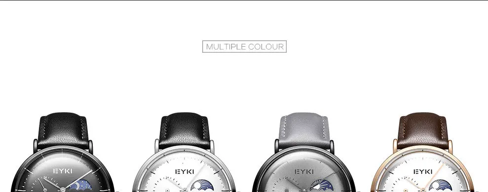 Бренд EYKI, мужские механические часы с полым маховиком, мужские классические черные кожаные часы с функцией Луны и звезды, большой циферблат, деловые часы