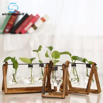 

Strongwell Nordic Hydroponics Glass Vase Wood Modern Flower Vase Tabletop Coffee Shop Office Living Room Home Decoration