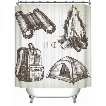 

Hike and Camping Tourism Hand Drawn Set Soft Shower Curtain,Sketch Design Elements,79''L x 71''W