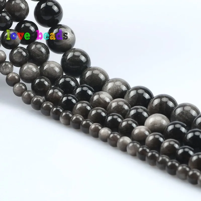 Natural Mineral Beads Silver Color Obsidian Round Loose Stone Beads for Jewelry Making DIY Bracelet Accessories 15inch 6-12mm