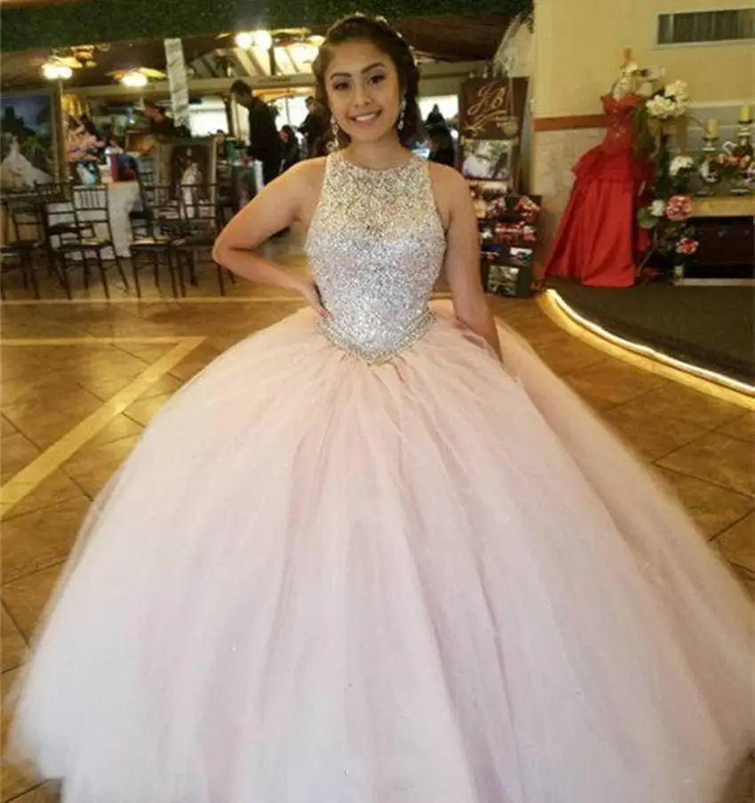 Vestidos de 15 anos quinceanera блестящее украшение шеи бальное платье с блестками без спинки Тюль развертки поезд Очаровательная Милая официальная вечеринка