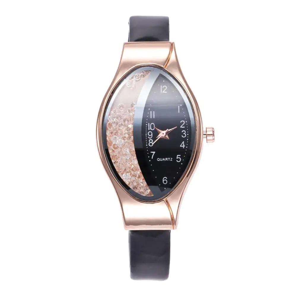 

Crea-tive Women Oval Dial Quicksand Decor Analog Faux Leather Quartz Wrist Watch Ladies Dress Watches Gift Luxury