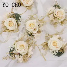 YO CHO искусственные розы свадебный цветок-бутоньерка для мужчин бутоньерка на запястье для подружки невесты Девушка Браслет фиолетовая Роза Шелковый цветок