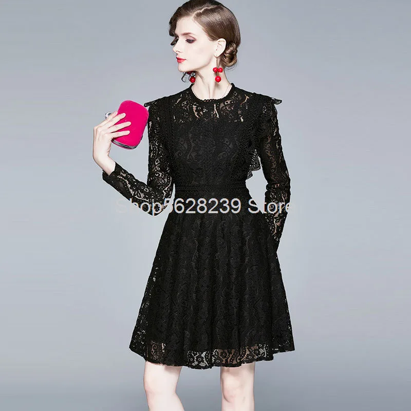 

2020 Waist Slimming Temperament Lace Lace Splicing Medium Length Dress