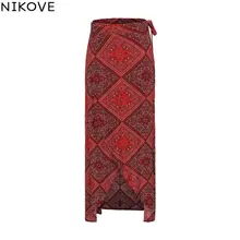 NIKOVE/ женская модная юбка с квадратным принтом и высокой талией в этническом стиле, юбка с пикантным разрезом, женская одежда, размер s-xl