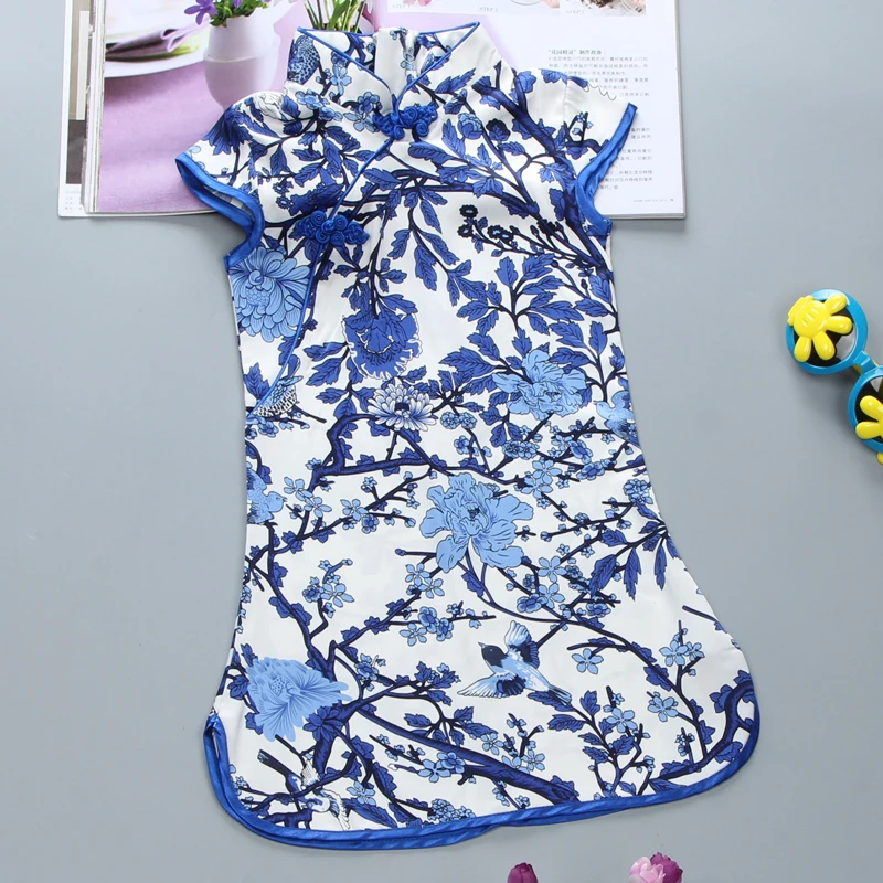 Ципао с цветочным принтом для девочек; детские летние платья в китайском стиле; Ципао для девочек с цветочным принтом лотоса; подарок для девочек