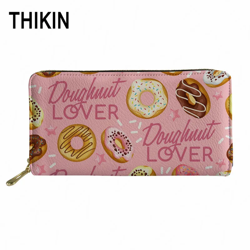

THIKIN Doughnut Lover Print Female Fashion PU Leather Coin Bag Pink Cartoon Zipper Travel Long Purse Bags Large Capacity Wallet