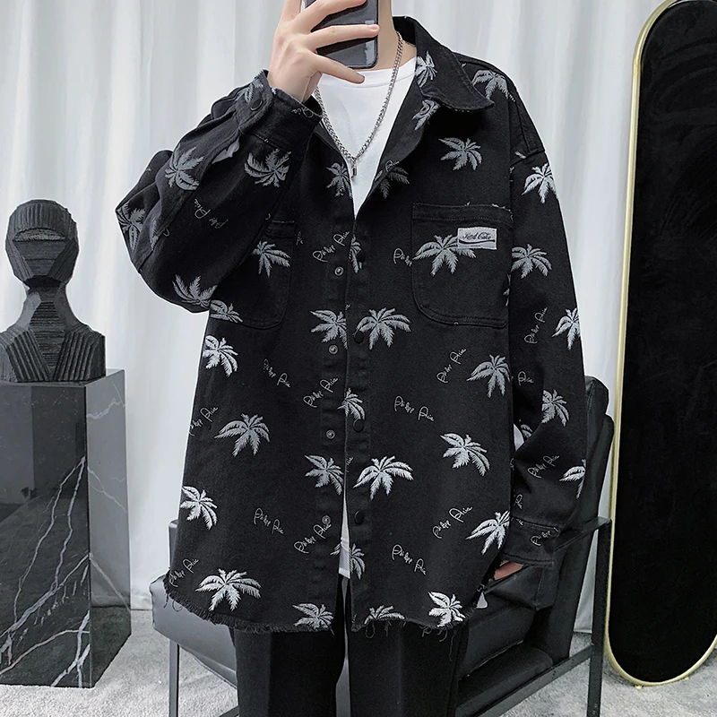 Great Value Leaf Denim Jacket Men's Fashion Printed Casual Denim Jackets Mens Streetwear Wild Loose Hip Hop Bomber Jacket Men Outwear
