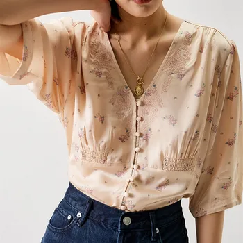 

2020 New Women Pink Blouse Spring Summer Half Sleeve V Neck Single Breasted Flower Print Sweet Satin Shirt Tops