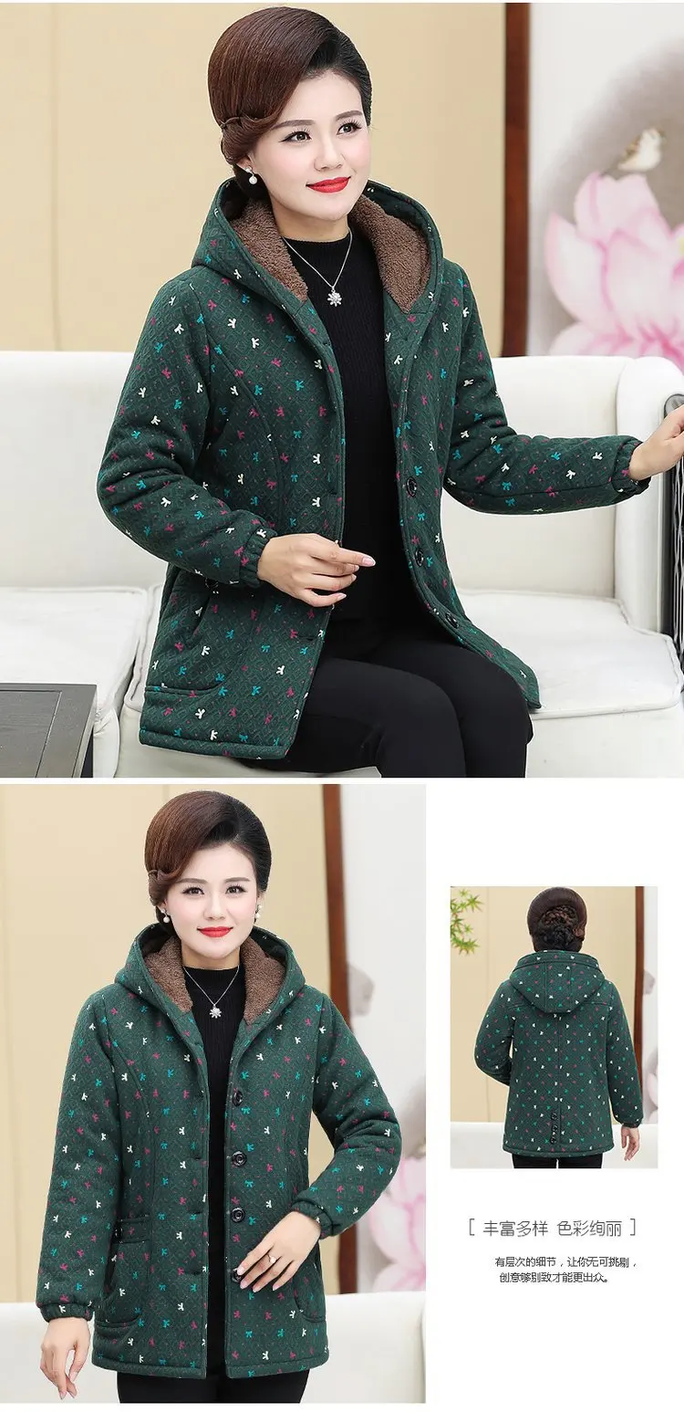 Mom Winter New Style Cotton-padded Clothes Brushed And Thick Women's Mid-length Middle-aged WOMEN'S Apparels Hooded Cotton Coat