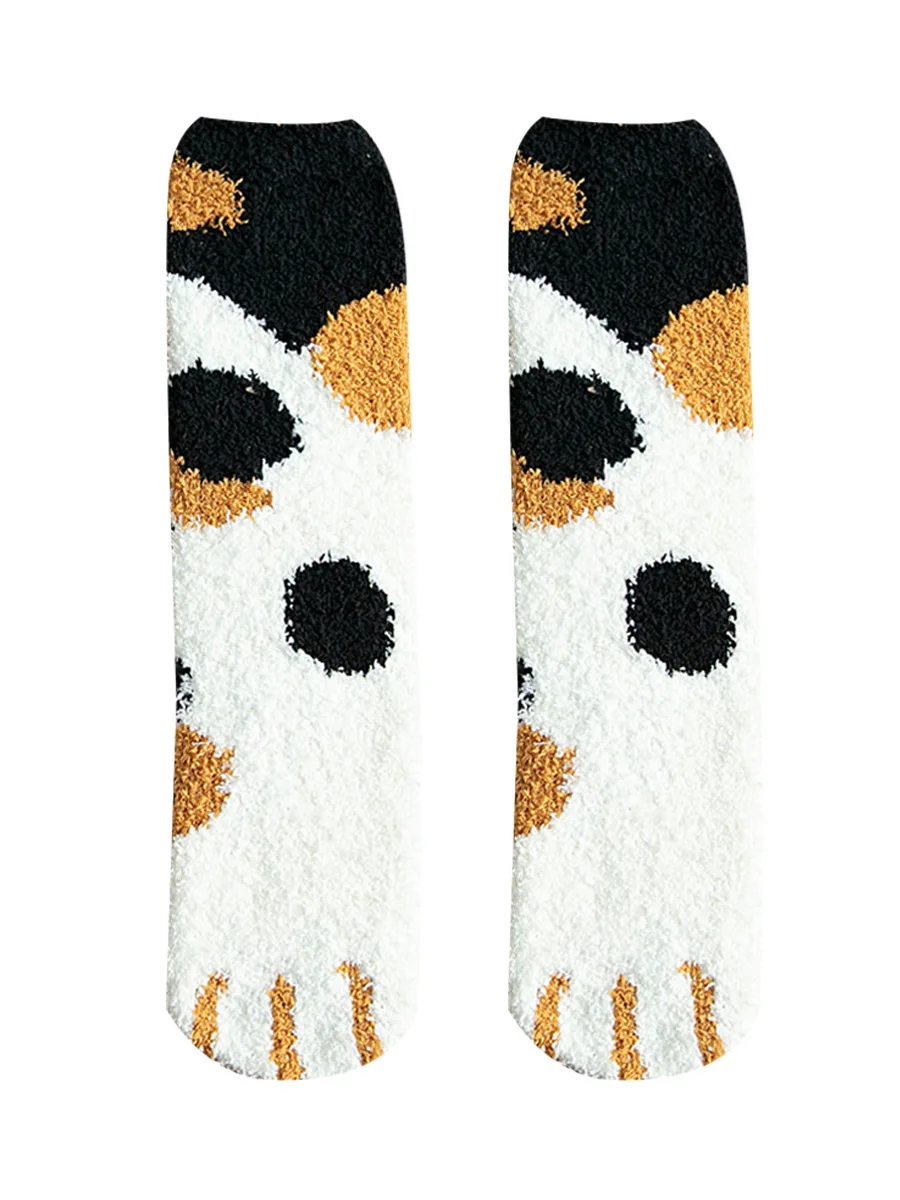 Зимние теплые носки с кошачьими лапами для женщин и девочек; носки для сна; домашние носки-тапочки; толстые плюшевые коралловые носки - Цвет: 1 Pair