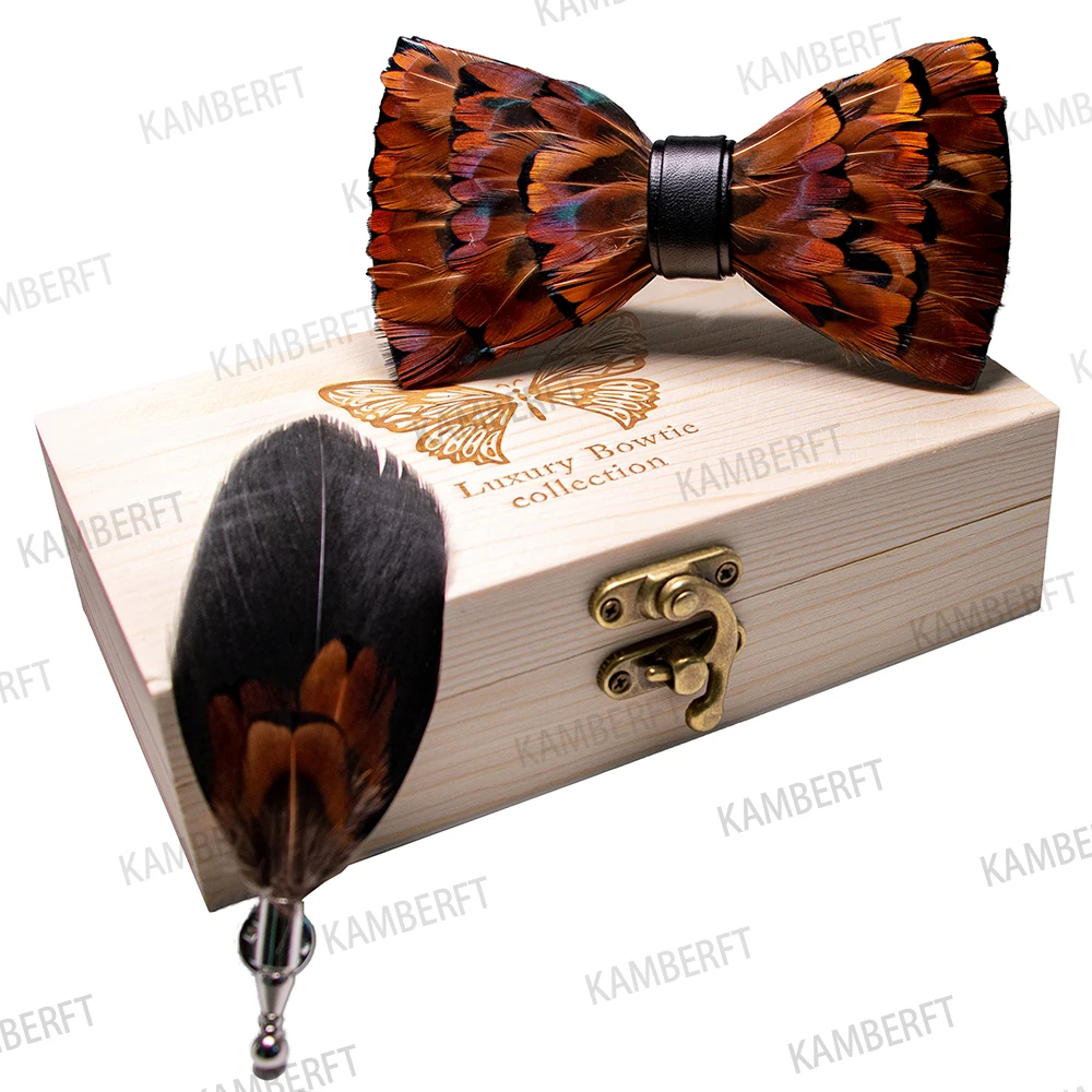 KAMBERFT 67 стильный новый дизайн бабочка из натурального пера Изысканный Мужской брошь-бант ручной работы деревянная Подарочная коробка набор для свадьбы