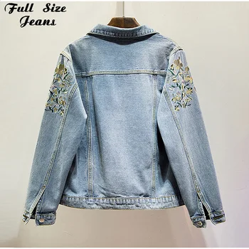 

Plus Size Floral Embroidery Light Blue Short Denim Jacket 4Xl 5Xl Spring Basic Jeans Coat Casual Outwear Mom Jean