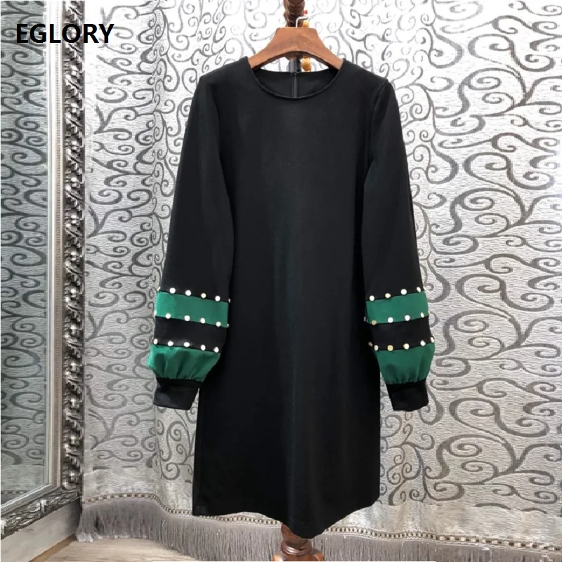 

High Quality Designer Dress 2019 Autumn Style Women Golden Studs Beading Green Striped Color Block Long Sleeve Black Dress Noble