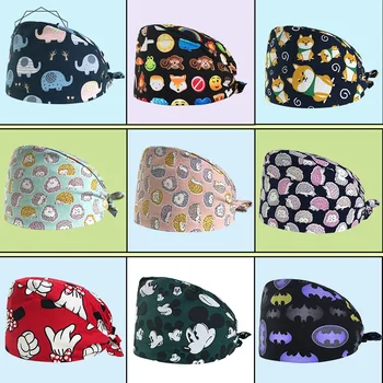 

Hedgehog Printing Scrub hats Women Men Surgical Medical Beauty Salon Cap Nurse and Doctor 100% Cotton Skull Tieback Hats Pet Hat