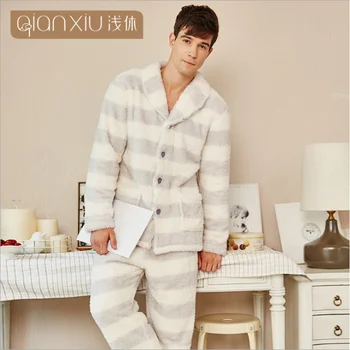 

Autumn Winter Pijamas Men Casual Striped Pajama sets Male Warm Fleece Sleepwear suit Couples Turn-down collar Coat & Pants XXL