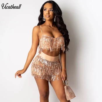 

Strap Off Shoulder Tassel Crop Top And Shorts 2 Piece Set Pearl Sequin Sexy Night Out Matching Outfits