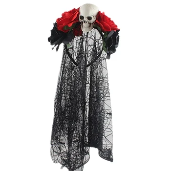 

Day Of the Dead Headband Bride Veil Fancy Dress Costume Halloween Accessories Rose Flower Crown (C-Black+Red+Skull)-ABUX