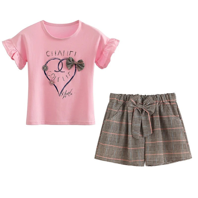 

WEIXINBUY Summer Children Baby Girls Casual Letters Pattern T-shirt Tops+Plaid Shorts With Bowknot Outfits Set