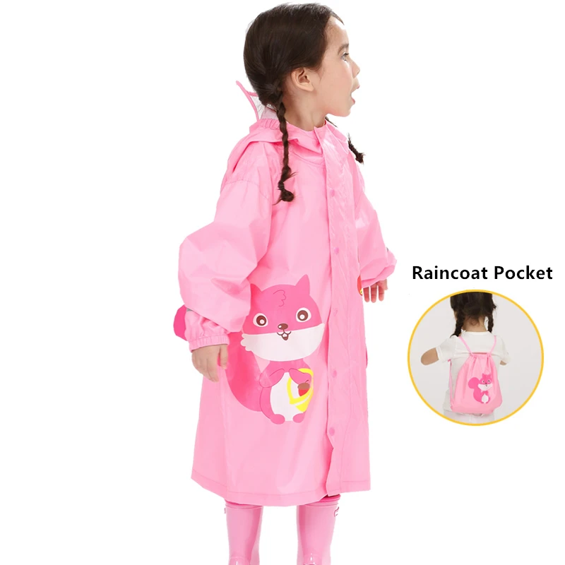 Детская утепленная Водонепроницаемая непромокаемая одежда; однотонное Детское пальто-дождевик с объемным принтом льва, динозавра; плащ для девочек и мальчиков с карманом - Цвет: Pink squirrel