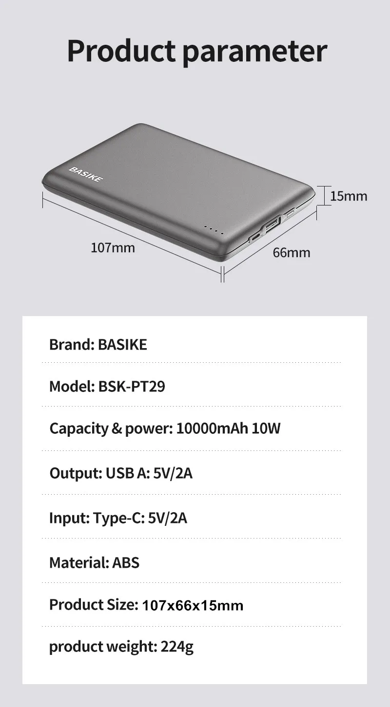 charmast BASIKE Mini Power Bank 10000mAh Portable Powerbank Poverbank External Battery Phone Charger Spare Battery for iphone xiaomi pebble power bank