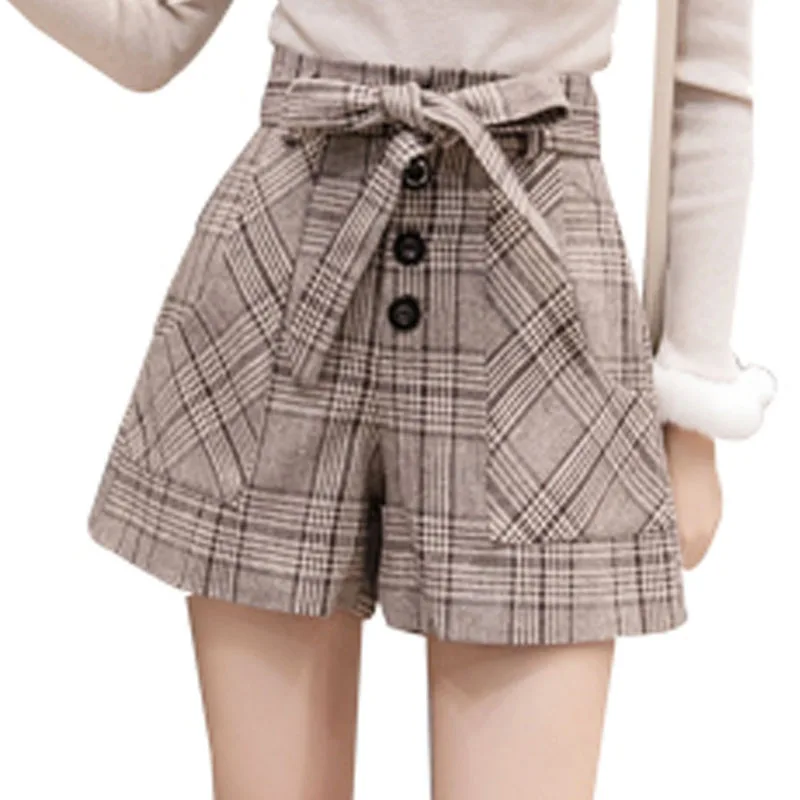 Повседневные клетчатые шорты с бантом и пуговицами для женщин, цвет серый, хаки,, Осень-зима, модные женские короткие штаны с высокой талией, женские шорты, 6305 50