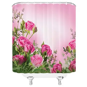 

Pink Rose Flower Shower Curtain, Spring Time Roses with Leaves and Buds with Pink Ombre Atmosphere, Fabric Bathroom Decor Set