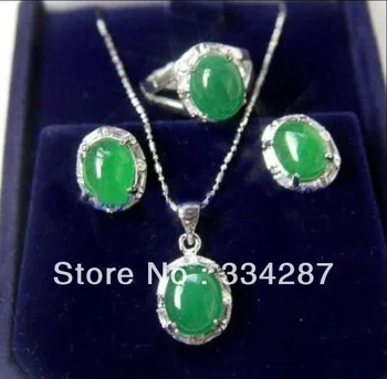 

lady's fine 18K green jade CZ earring pendant ring #7,8,9 set