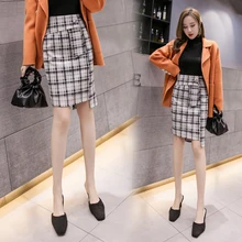 Осенняя Офисная Женская шерстяная юбка, Повседневная мини-юбка-карандаш с высокой талией, Классическая Ретро клетчатая нестандартная Женская юбка