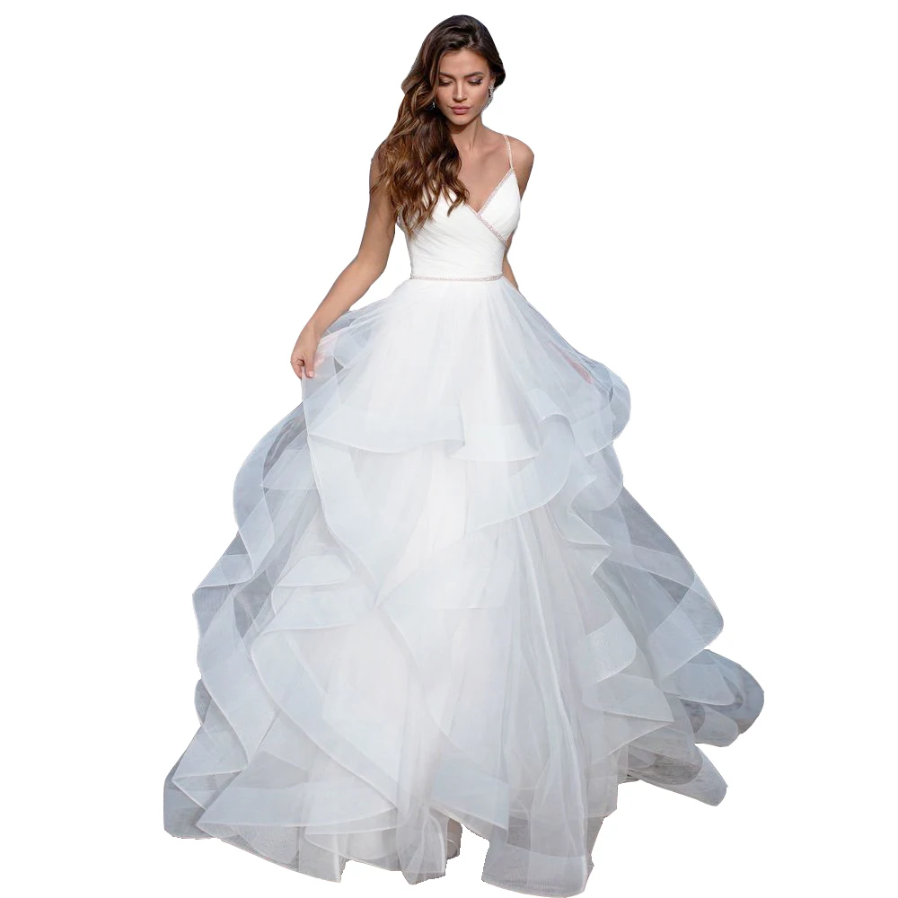 

Sexy Beading Spaghetti Straps Wedding Dress 2020 Backless Sleeveless Pleats Ruffles Tulle A-line Bride Dress Plus Size