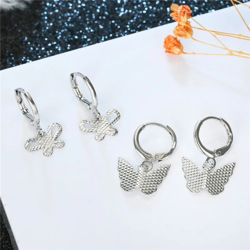 1Pair Korea Cute Hollow Small Butterfly Hoop Earrings For Women Exquisite Trendy Silver Color Animals Circle Earrings Jewelry