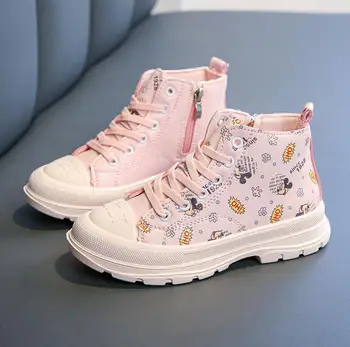 

Disney Kids Shoes Mickey Mouse Martin Boots for Girls Elegant Cartoon Print PU Leather Shoes Child Rubber Soled Boots