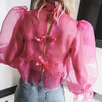 

Sexy Women Sheer Mesh See-through High Turtle Flower Neck Backless Bow knot tied Crop Tops Club Puff Long Sleeve Shirt Blouse